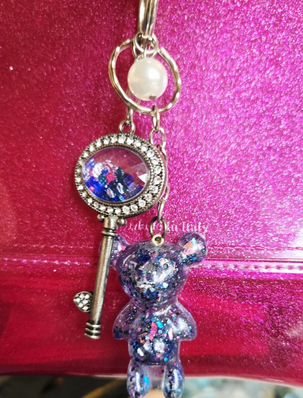 Handmade Blue Glitter Bear Keychain with Decorative Key Charm